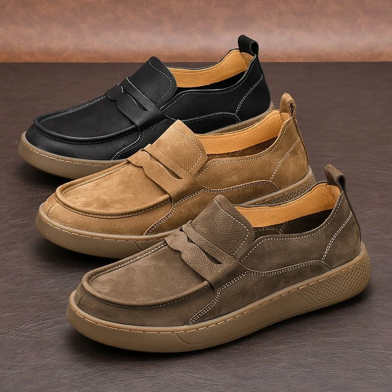 新款春夏秋季复古男士豆豆休闲皮鞋系带百搭软皮软底透气头层牛皮