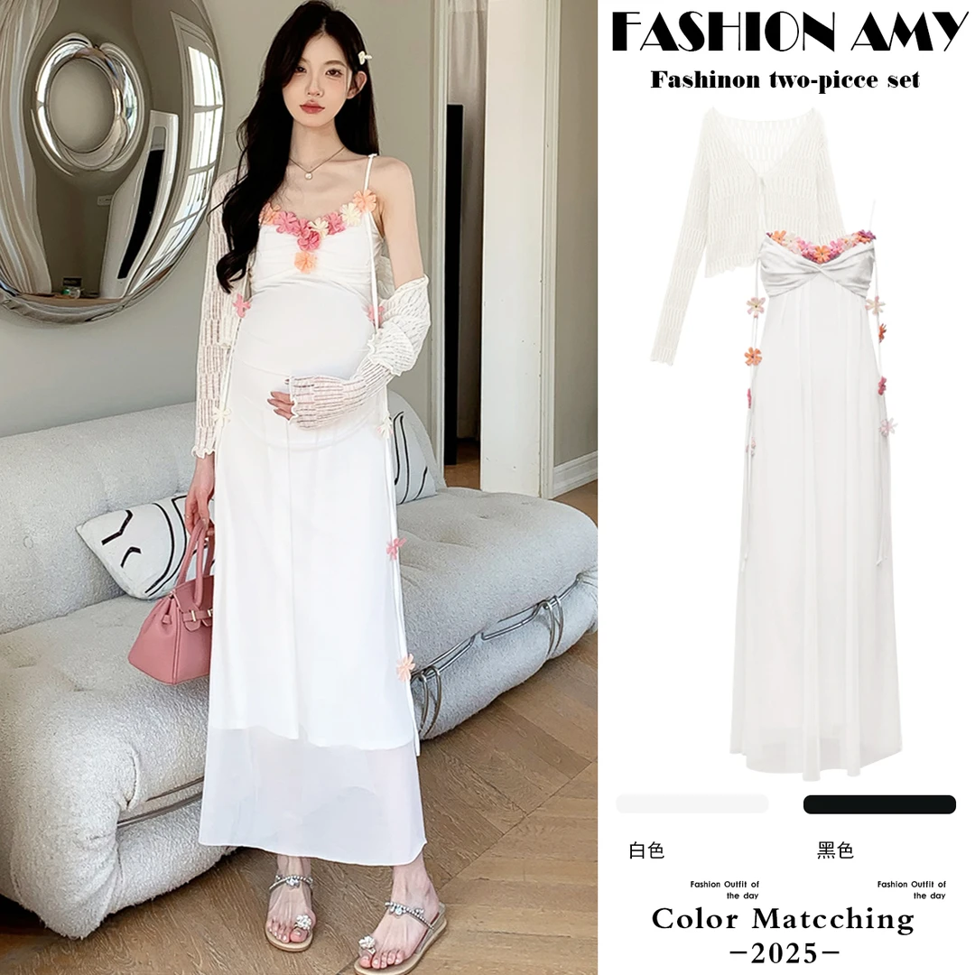 孕妇连衣裙套装夏装新款时尚韩版气质薄款防晒开衫显瘦花朵吊带裙