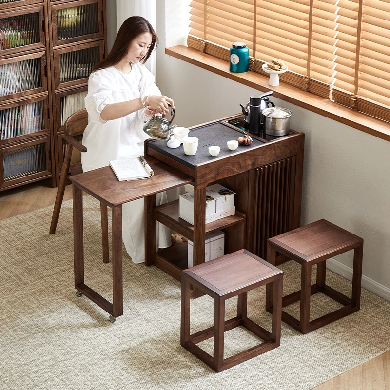 北美黑胡桃木可伸缩茶台阳台喝茶桌可移动实木茶水柜一体茶台桌