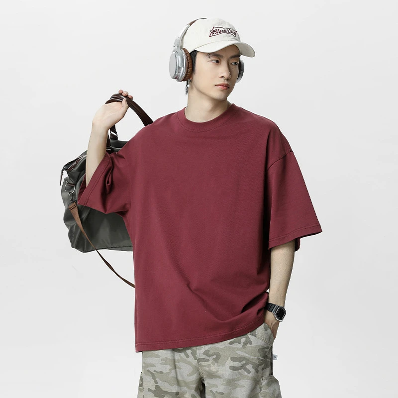 日系宽松纯棉短袖T恤男230g夏季新款纯色基础圆领体恤情侣打底衫