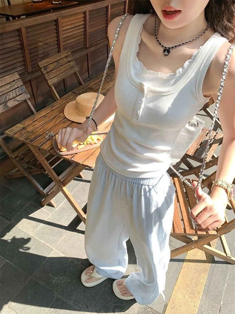 假两件花边吊带背心夏季新款蕾丝拼接修身显瘦无袖辣妹短款上衣