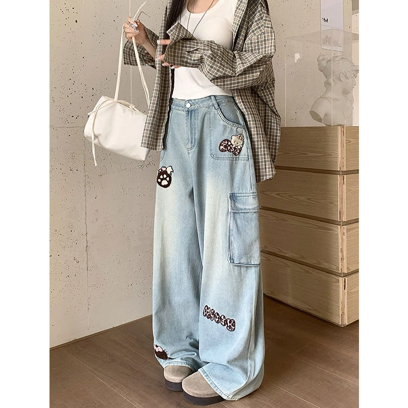 大码美式复古高街多口袋工装牛仔裤女设计感小众宽松阔腿拖地裤子