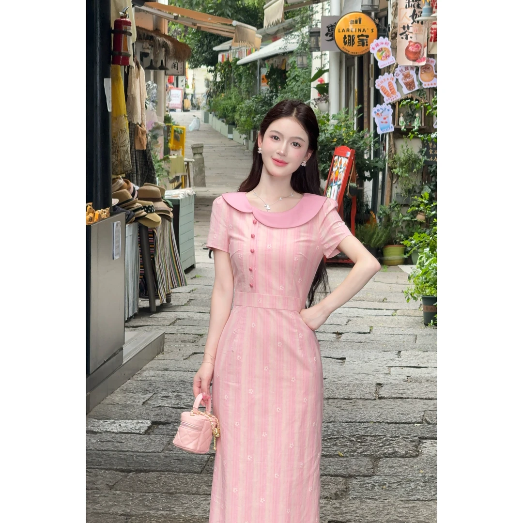 【粉红泡泡】LiLi法式甜美温柔风粉色蝴蝶结细带连衣裙 XMZH7887