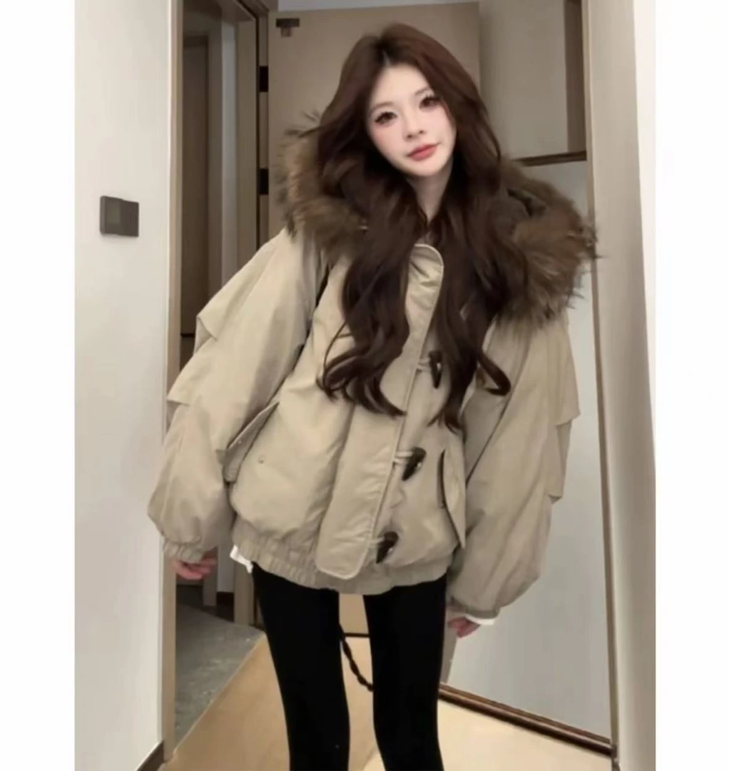 韩系棉服女大毛领服2025冬季新款加厚棉衣复古牛角扣棉袄外套