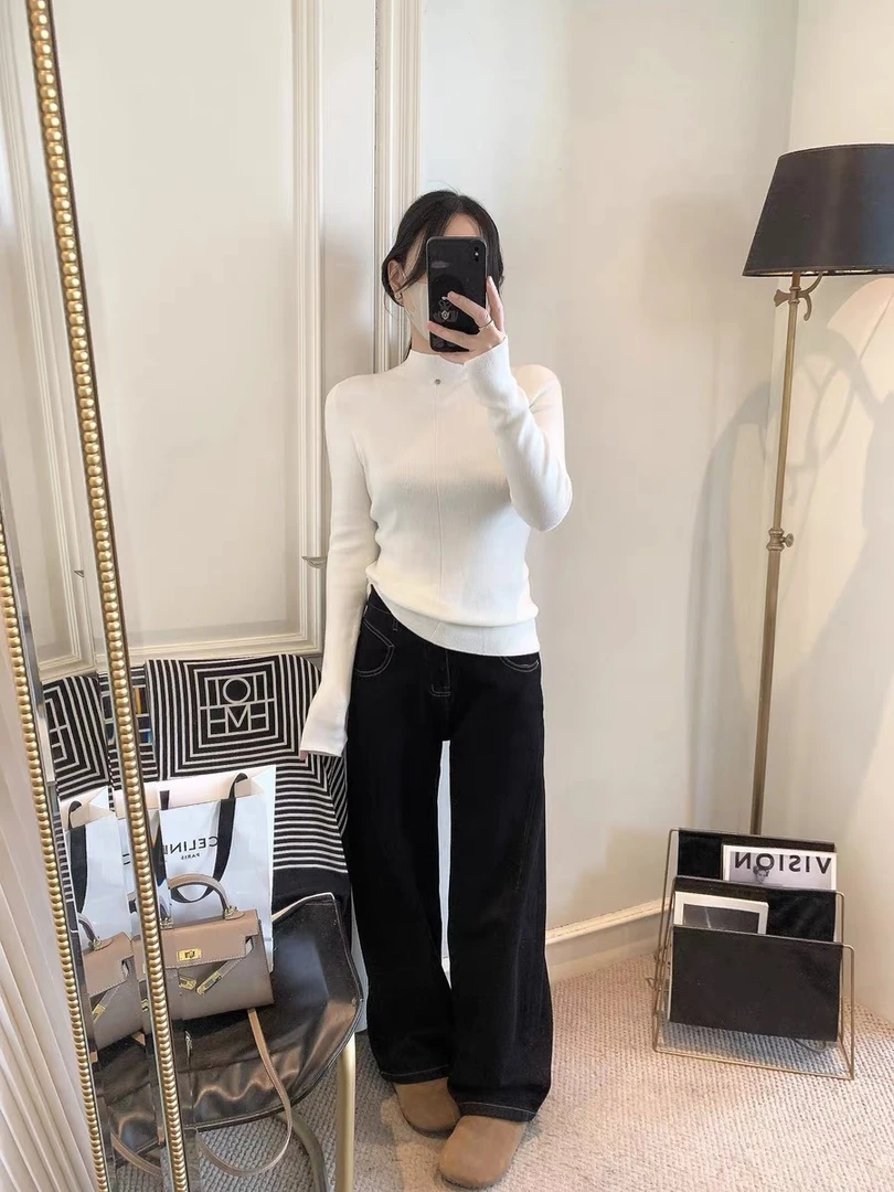 毛衣100#女士秋冬季半高领毛衣后背贝壳扣打底衫保暖上装