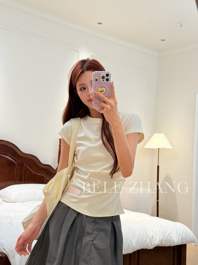 BELE ZHANG 夏款棉质拼接褶皱圆领短袖T恤 -0846