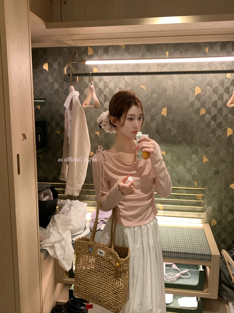 FY‘美丽基础款’必buy！小露香肩系带蝴蝶结两侧收腰捏褶小衫