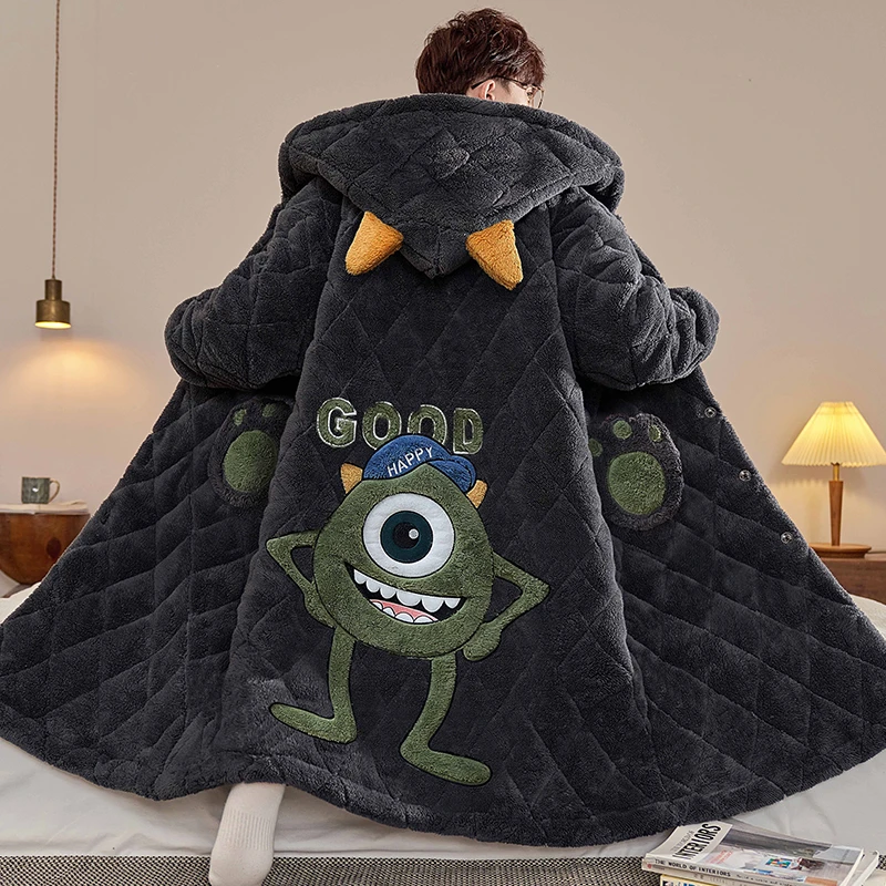 男士睡衣冬季加绒加厚珊瑚绒睡袍秋冬款三层夹棉长袍青少年家居服