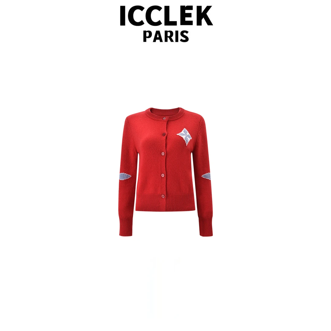 ICCLEK 秋冬设计师款红色圆领纽扣长袖针织开衫显瘦上衣百搭-9251