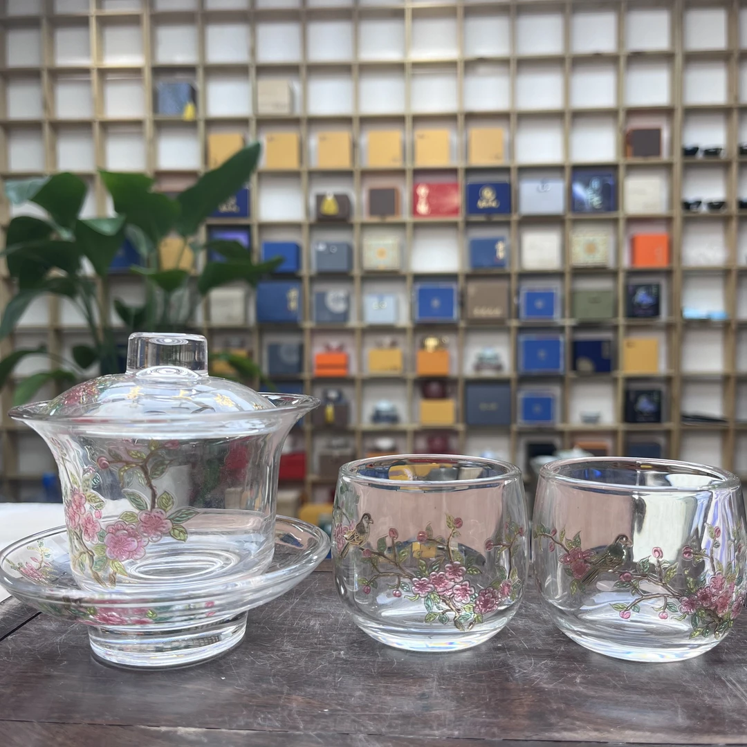 ZHZ023-喜上眉梢透明玻璃一盖碗两杯 （159）