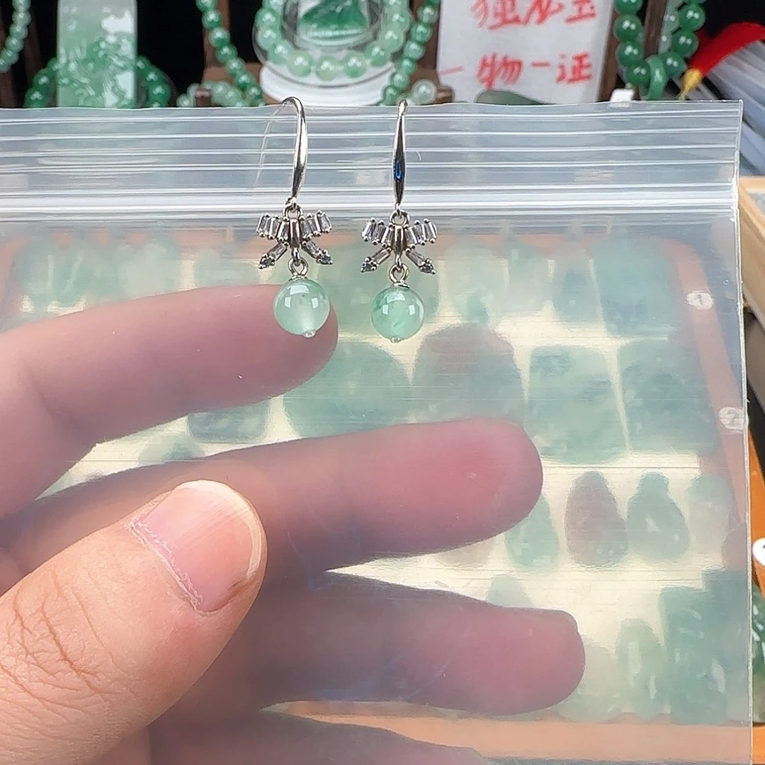 石英质玉耳钉银S925镶嵌