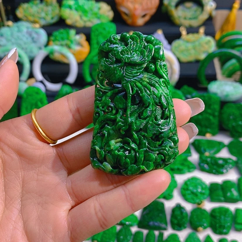 【闪购商品】翡翠挂件未镶嵌辣绿凤凰牡丹