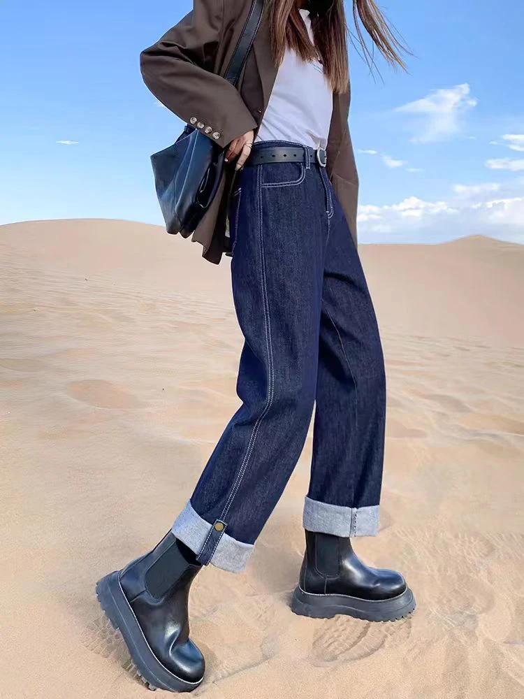 丹宁蓝高腰牛仔裤女春秋新款小个子梨形身材百搭显瘦加绒阔腿裤子
