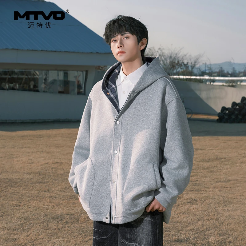 MTVO迈特优春季新款男士按扣格子连帽开衫百搭宽松潮流卫衣外套