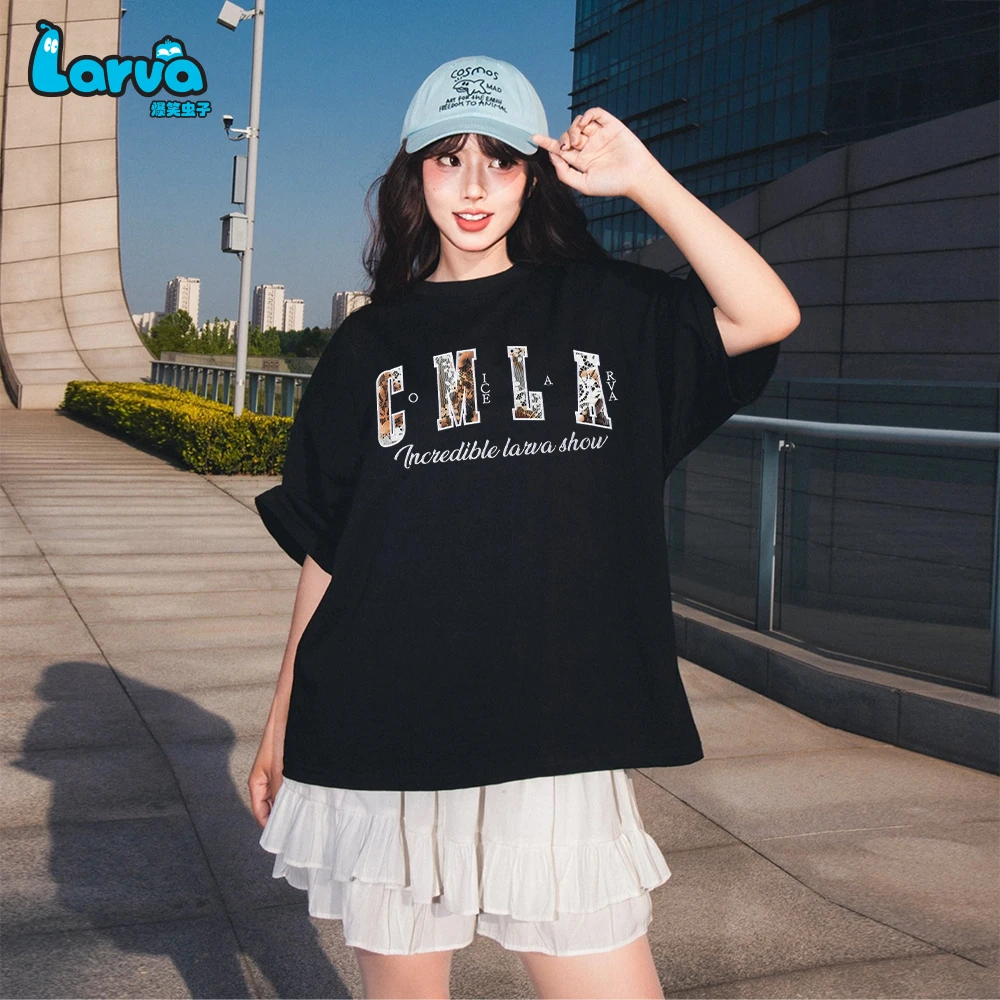 LARVA/爆笑虫子穿棉火烧蕾丝刺绣半袖女宽松潮流情侣款短袖T恤男