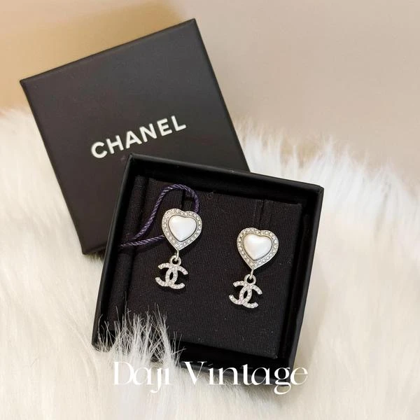 大吉中古/Chanel香奈儿双c爱心珍珠银色耳钉