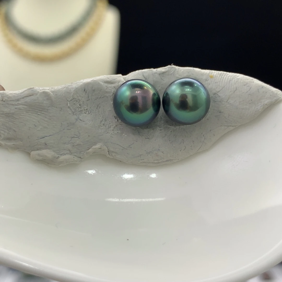 未镶嵌裸珠定制海水珍珠8.8-9MM深海蓝孔后无暇对珠