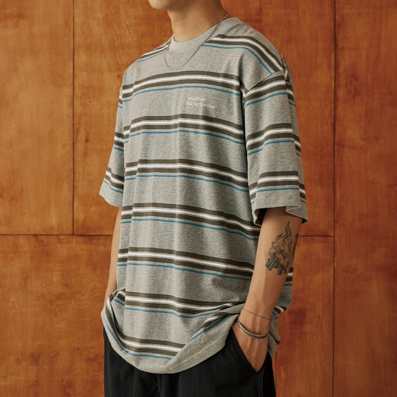 VERMICELLI(VMCL)日系色织条纹中性风宽松短袖T恤男女国潮情侣