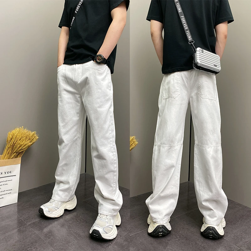 2025秋季新款潮流韩版痞帅白色脏脏裤青年男士休闲直筒阔腿牛仔裤