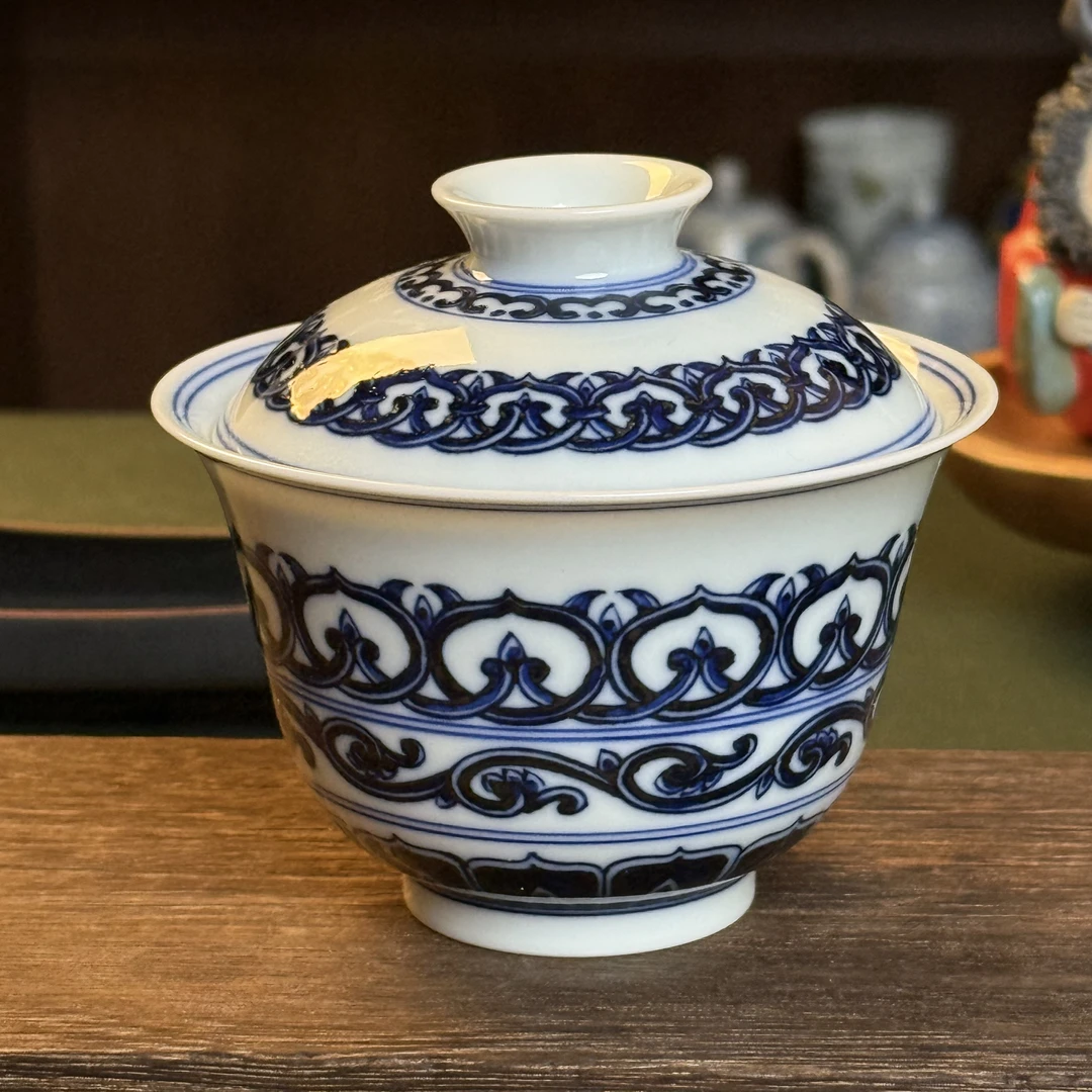景德镇沧古柴窑纯手工手绘青花仿明宝相花纹两才盖碗