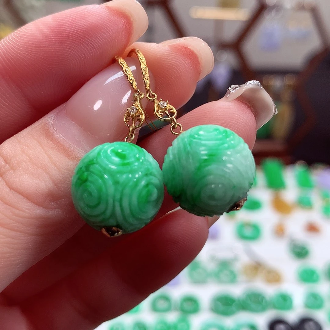 翡翠耳饰18K金镶嵌天然翡翠
