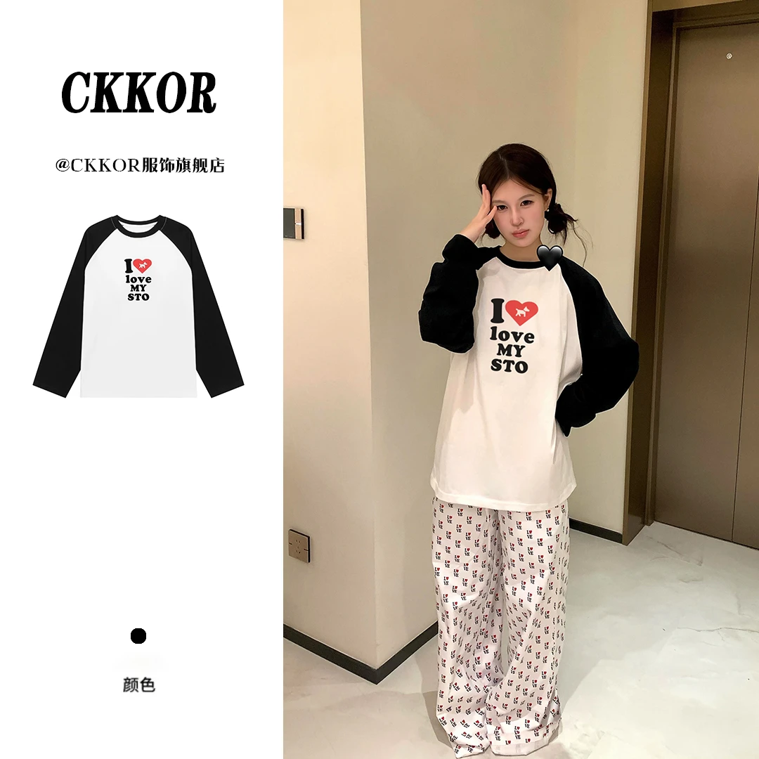 CKKOR早秋新款ins小众减龄卡通印花插肩撞色休闲宽松纯棉打底上衣