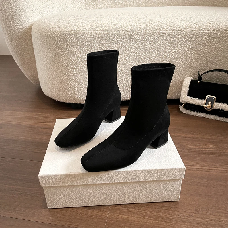 森喜曼~方头粗跟弹力靴不累脚高跟靴百搭黑色瘦瘦靴2025新款女靴
