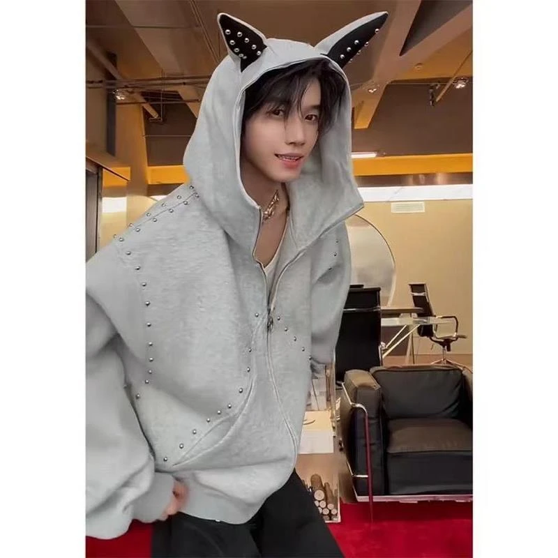 新款潮牌美式联名铆钉设计杜宾犬连帽男女卫衣外套宽松开衫夹克潮