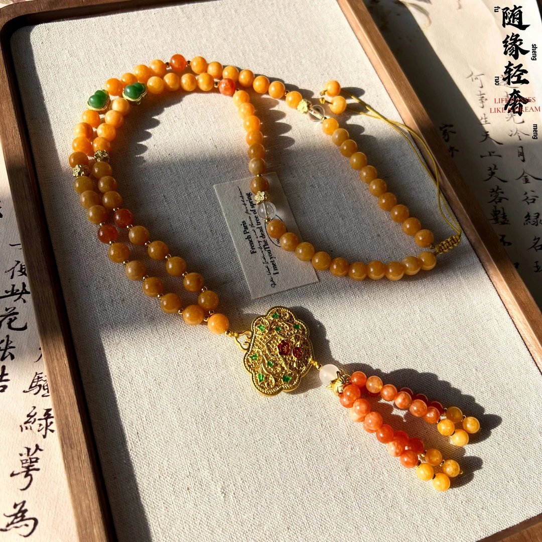 铜合金石英石项链 新中式毛衣链如意吊坠项链复古橙色串珠手工