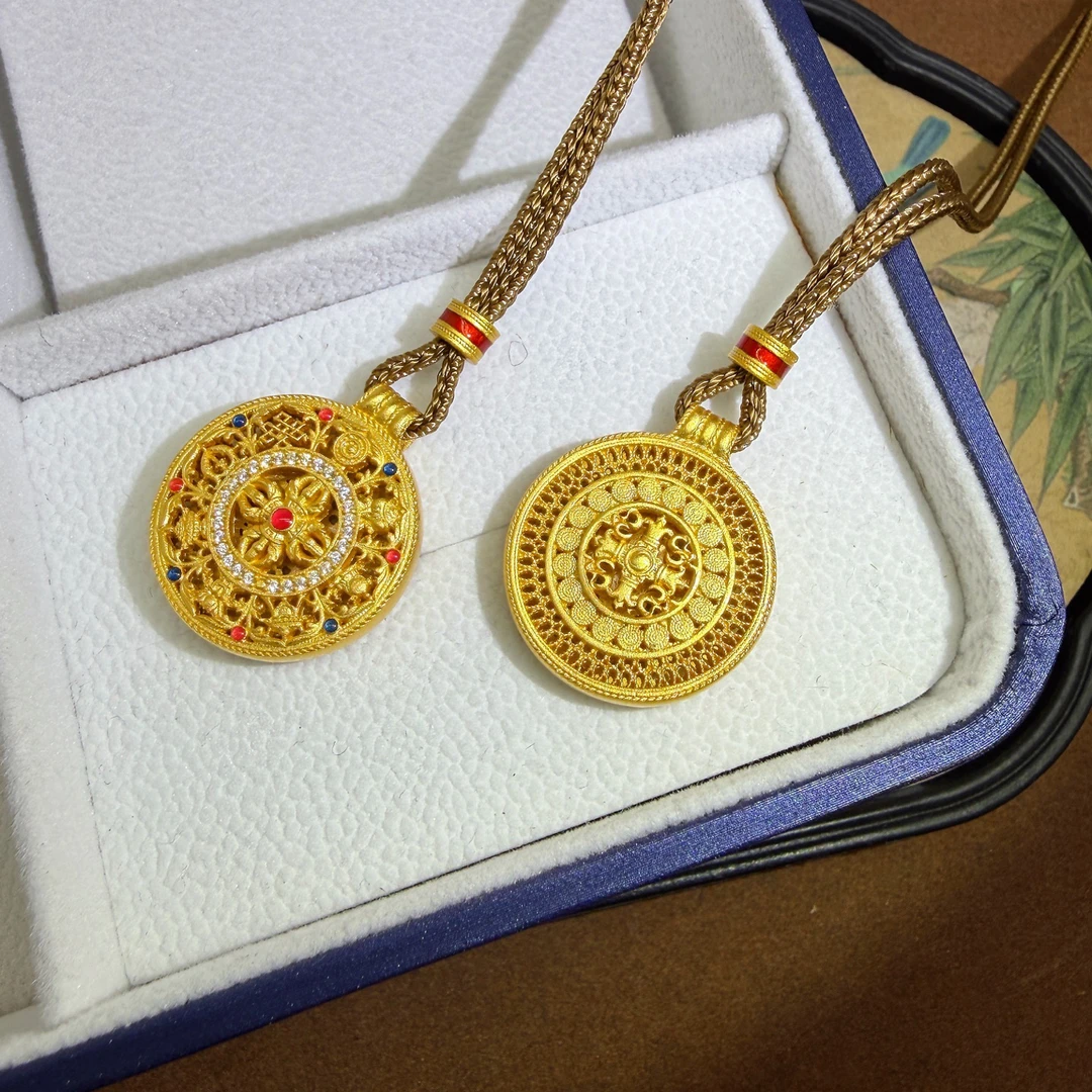 吊坠足银珐琅 八宝罗盘足银999纯银项链吊坠鎏金珐琅彩挂坠新中式