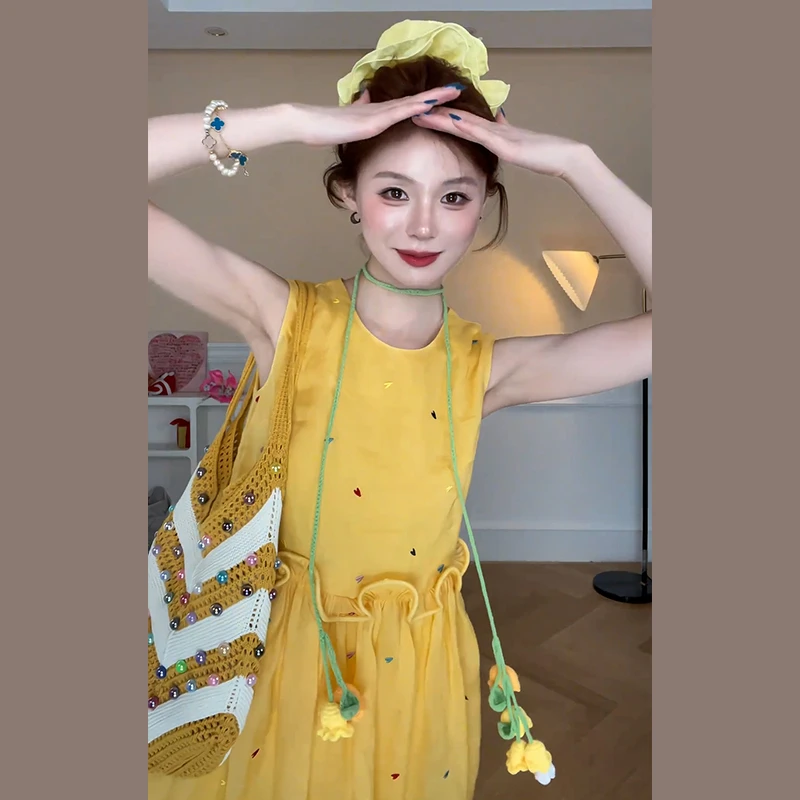 高级不撞款法式黄色无袖连衣裙子女夏季2025海边度假风高级感长裙