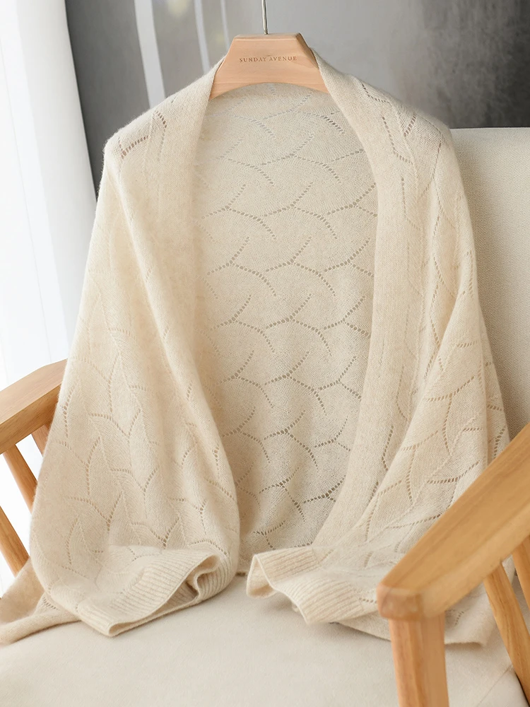 夏季空调护颈披肩100山羊绒镂空针织透气保暖 大披肩女
