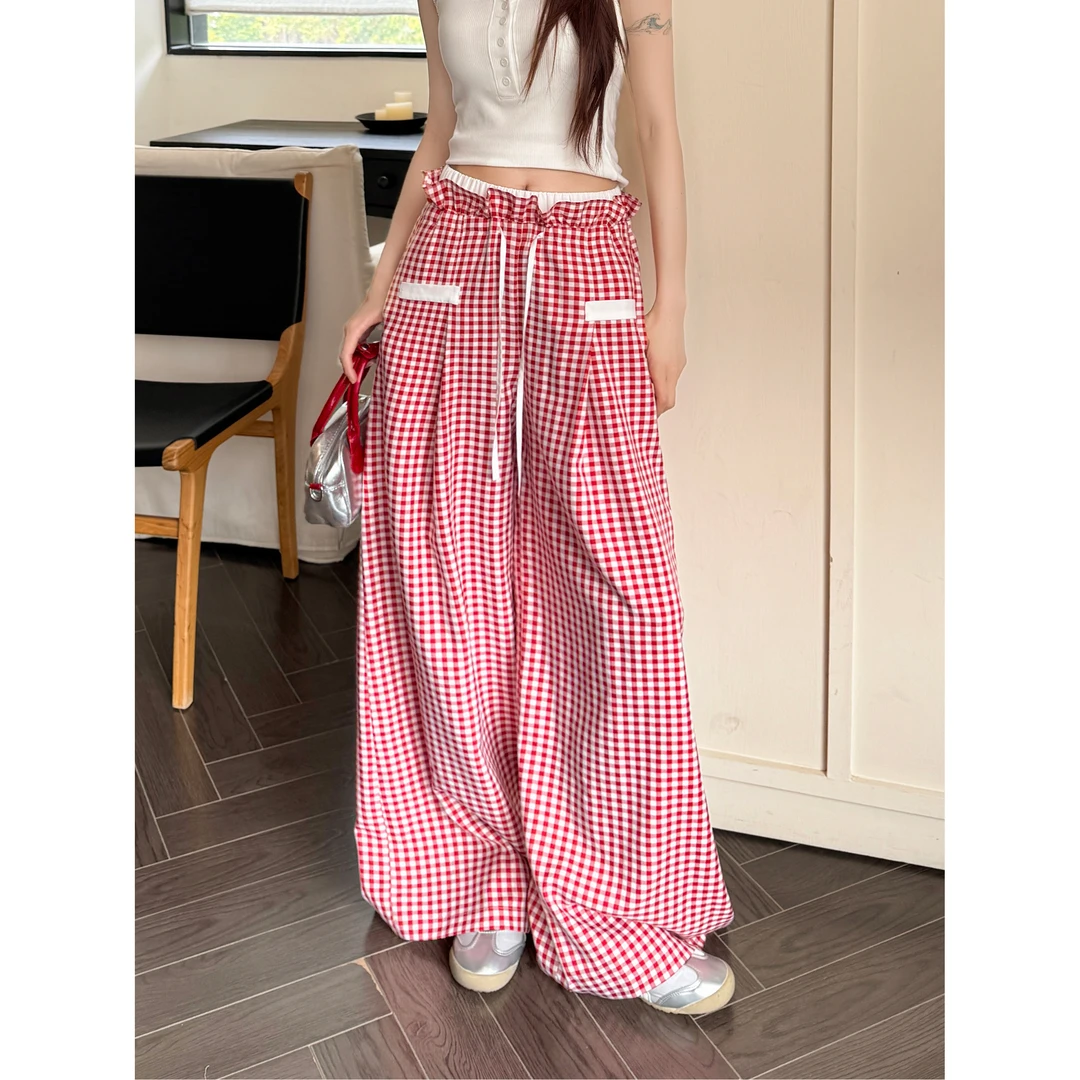 红色格子高腰休闲裤女夏季新款多巴胺度假宽松慵懒风阔腿拖地裤子