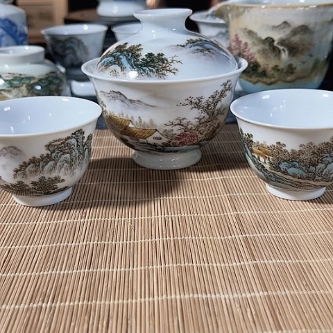陶汪派山水汪沁粉彩茶具套组福利不退不换