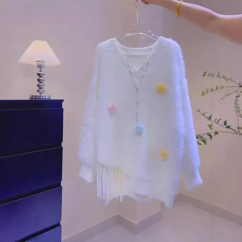 慵懒风白色流苏针织衫女秋冬新款宽松加厚洋气仿水貂绒毛衣女冬季