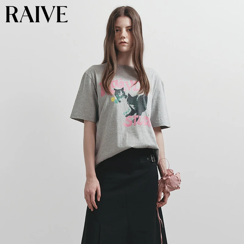 【RAIVE】2025夏季新款女短袖猫咪印花宽松落肩版型领口罗纹韩版T恤
