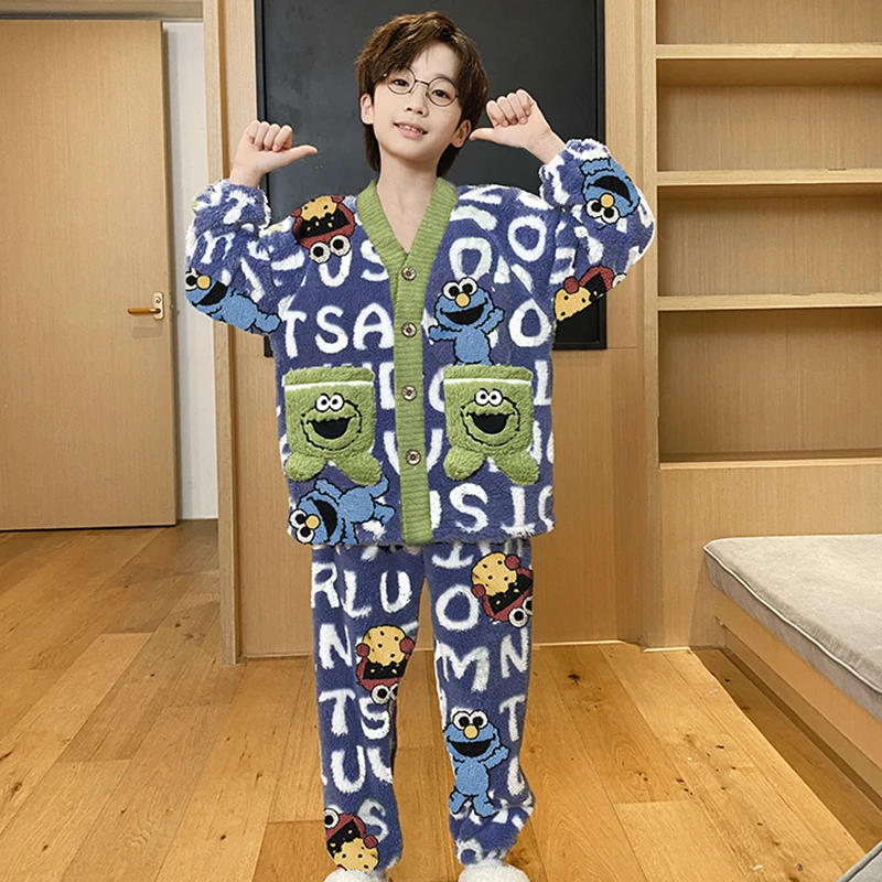 儿童睡衣珊瑚绒法兰秋冬季加绒加厚款大男童小男孩家居服2025新款