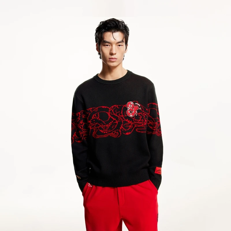 杰克琼斯男士毛衣针织衫新款CNY联名新年款衣身提花红色圆领男装