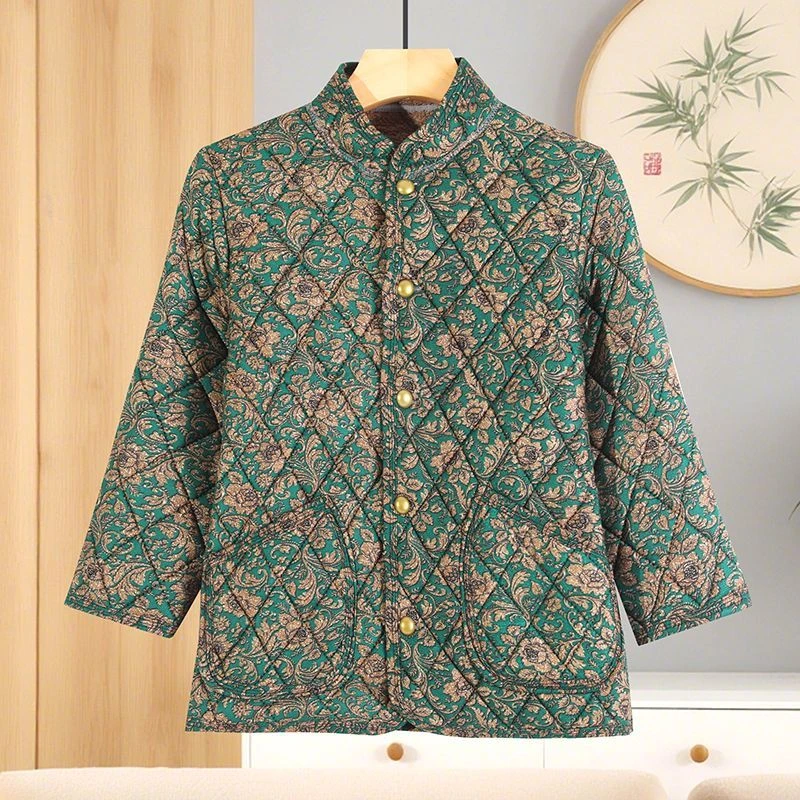 秋冬季女装七分袖棉袄加绒加厚保暖马甲宽松大码妈妈居家碎花外穿