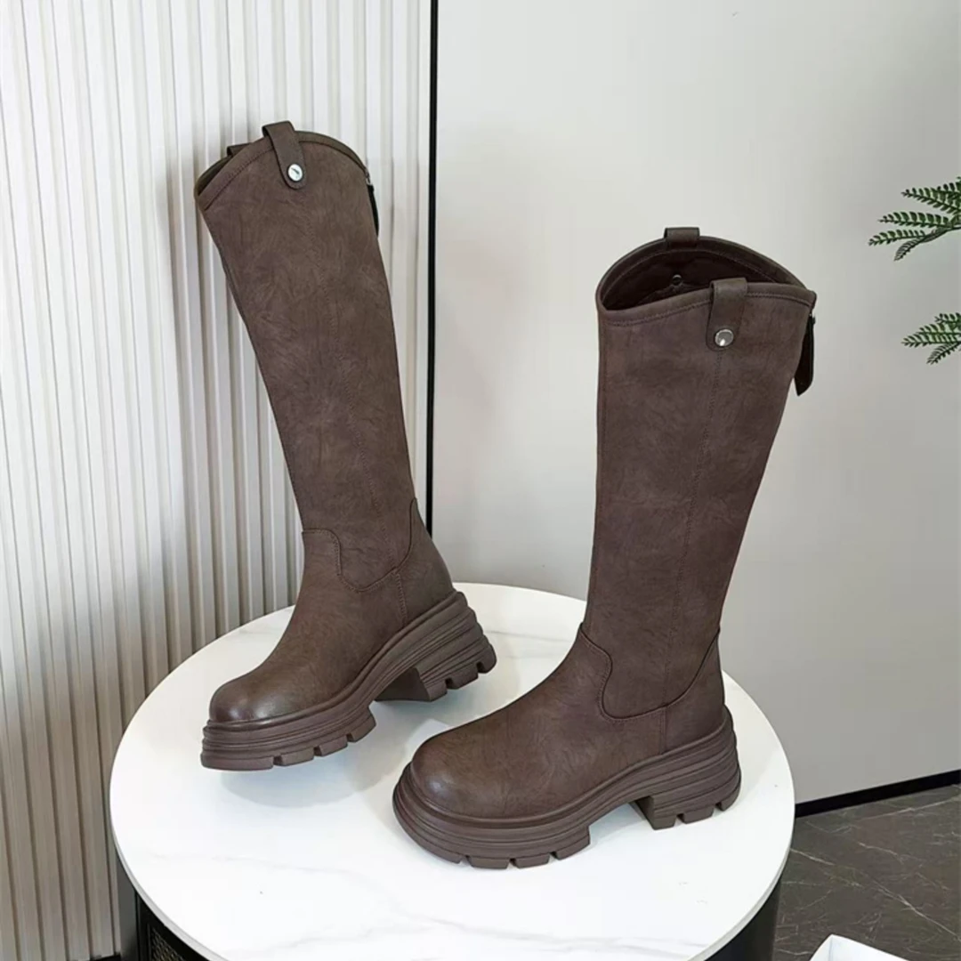 时尚复古厚底增高显瘦时装靴2025冬季加绒保暖防寒简约高级瘦瘦靴