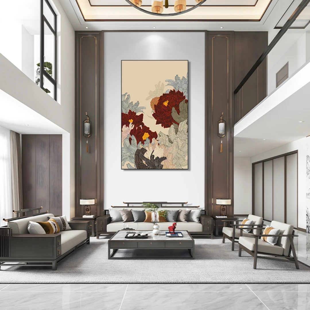『线条牡丹』中式复古侘寂风挂画150*250