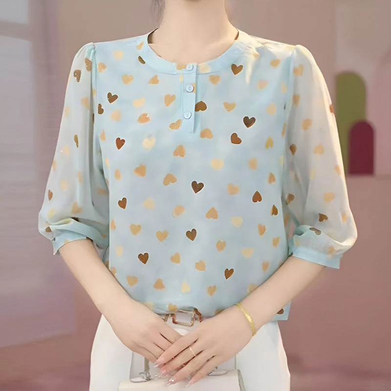 夏季七分袖女雪纺衬衫妈妈减龄洋气印花宽松上衣轻奢独特2025新款