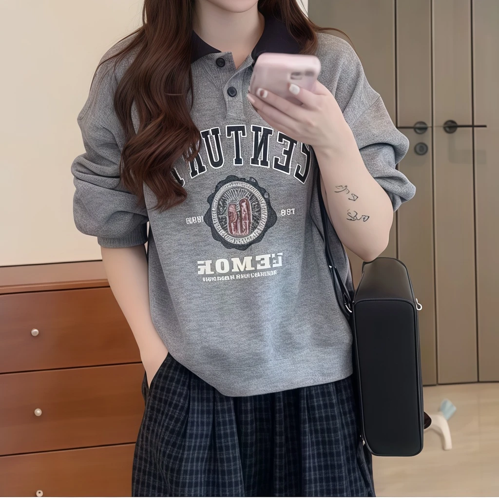 秋季美式复古宽松慵懒风设计感撞色翻领字母卫衣