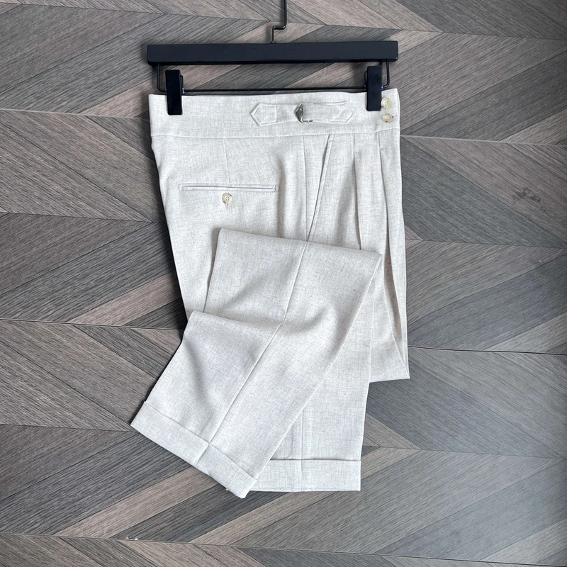 夏季白色亚麻混纺那不勒斯皇后复古直筒西裤男商务长裤通勤西装裤