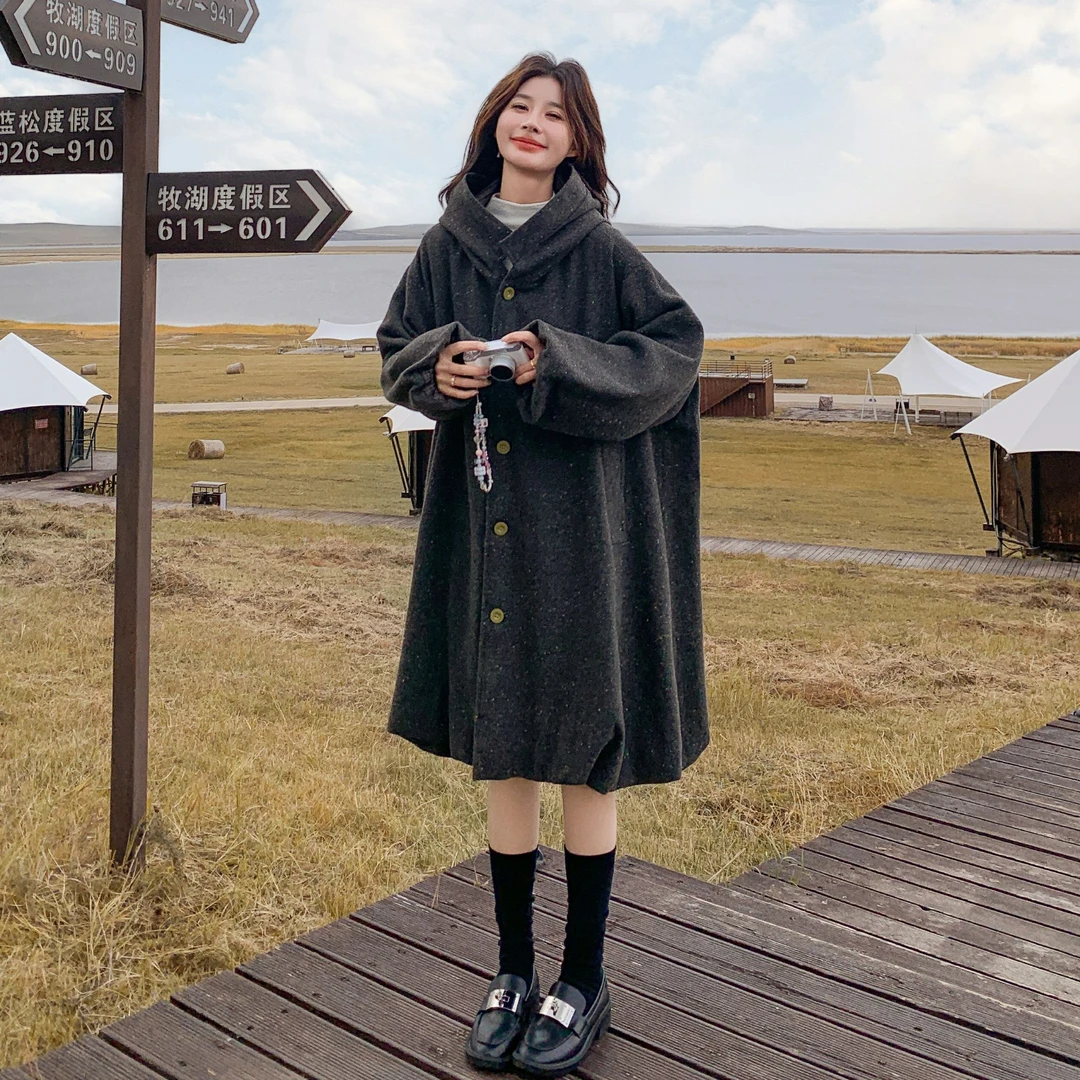 韩系慵懒风中长款大衣女2025秋冬新款高级感显瘦加厚连帽呢子外套