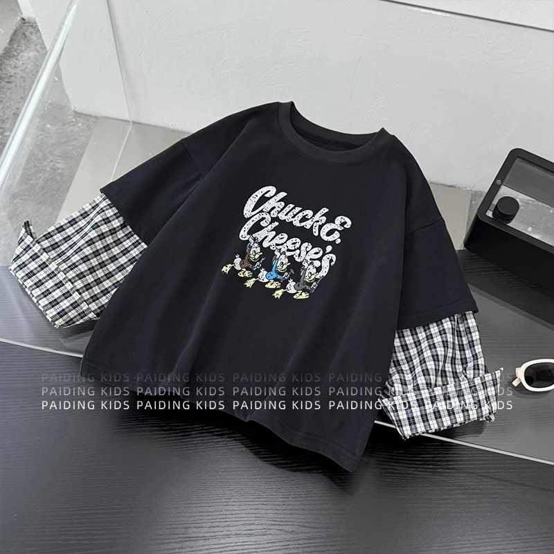 【派町】春秋装儿童韩版时尚酷帅卡通动漫印花假两件休闲T恤SJ6237