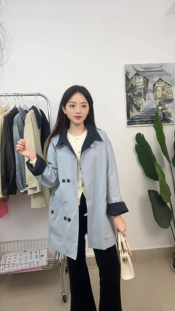 撞色翻领中长款风衣女外套宽松休闲英伦风气质好看