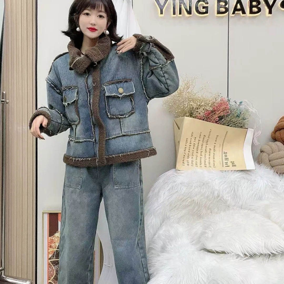 YY大码(一束花)时尚帅气气质遮肚高级感牛仔拼接重工套装