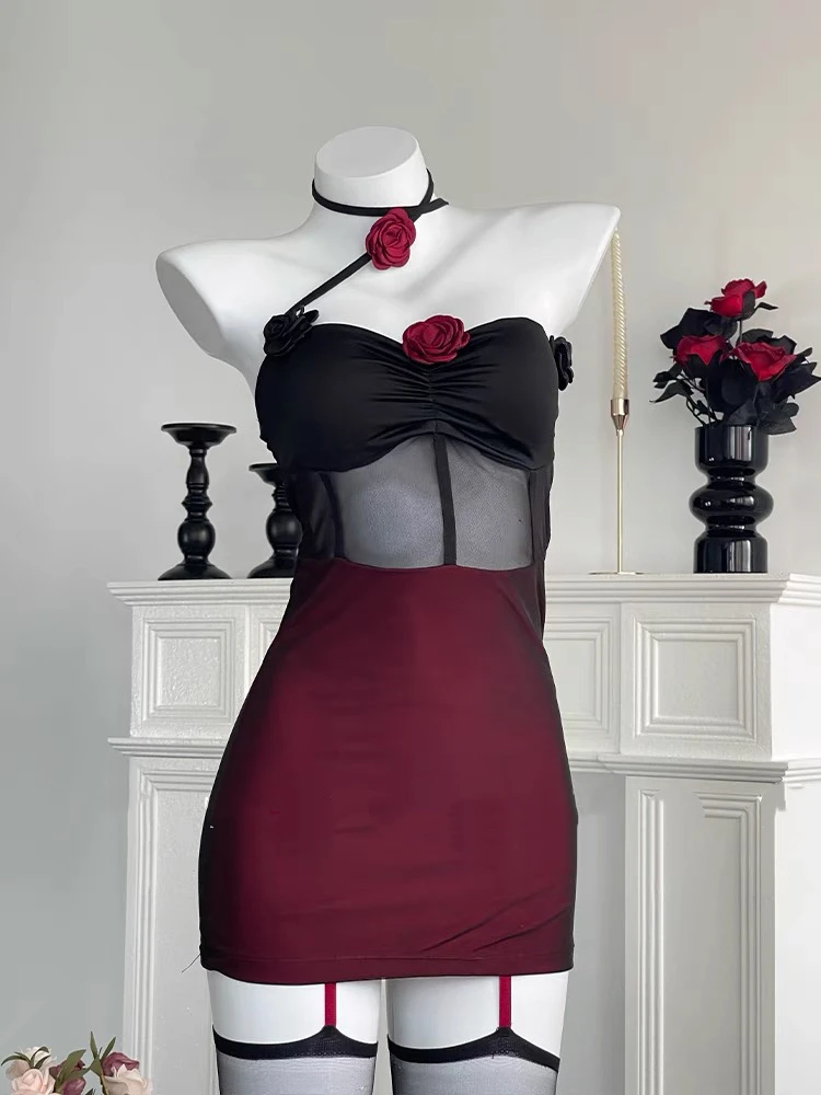 「暗夜玫瑰」法式浪漫辣妹透视挂脖吊带裙女性感御姐约会包臀睡裙