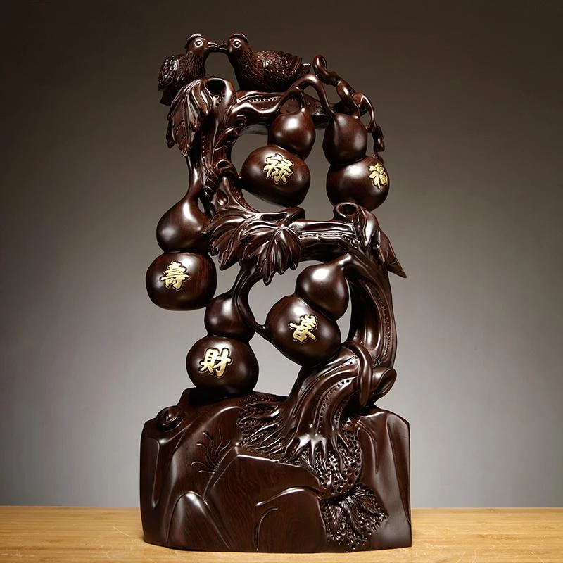 YB-黑檀木雕刻五福临门根雕摆件葫芦工艺品客厅玄关装饰乔迁40CM